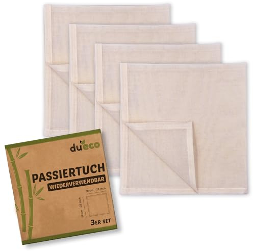 DuEco Passiertuch mit 4 Stück für Käseherstellung und Bio-Nussmilch - Mehrzweck-Käsetuch für hausgemachten Käse, Beeren, Obstsaft und Gemüsesaft ca. 50 x 50 cm (4PC - 50 x 50 cm)