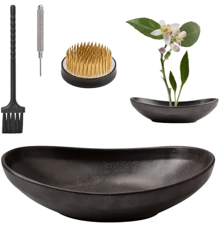 WANDIC Black Flower Arranger Supplies, Ingot Shaped Bowl & 5cm Floral Frog for Ikebana Ceramic Floral Vase for Plant Arranging Floristry Container