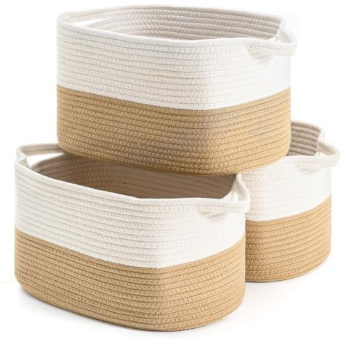 DUHEL Gewebter Aufbewahrungskorb aus Baumwollseil, verwendet für Babykorb, Spielzeug-Organizer, Geschenkkörbe, leer, Kinder-Wäschekorb, Babydecken-Aufbewahrung, 38,1 x 25,4 x 22,6 cm, Weiß und Khaki,