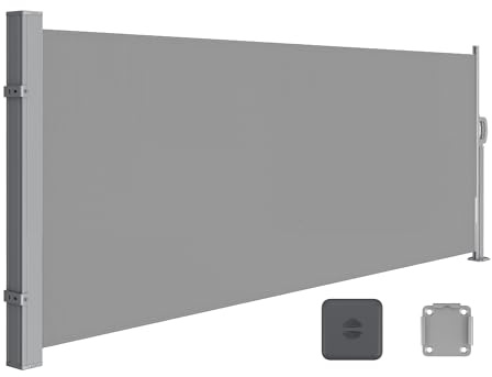 SONGMICS Store latéral avec Coffre en Acier résistant à la Rouille Extensible 140 x 300 cm, Brise-Vue, Protection Solaire, occultant, pour Balcon, terrasse, Jardin, Gris Clair GSA143G01