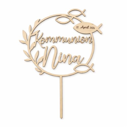 Birdart Box® Kommunion, Konfirmation, Firmung Tortenstecker mit Namen – personalisierter Tortenstecker aus umweltfreundlichem Holz, stabiler Cake Topper 15cm Durchmesser (Kommunion Fisch, Holz Natur)