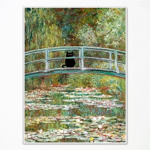 GAINOW Vintage Monet Seerosen-Katze-Leinwandkunst, berühmte Ölgemälde Monet schwarze Katze Poster, lustiger Blumendruck, ästhetische Raumdekoration für Schlafzimmer, Badezimmer 60x90cm ungerahmt