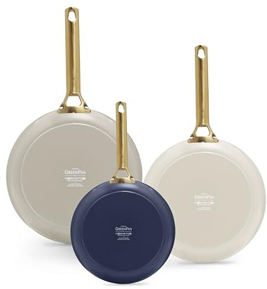 GreenPan 3 Piece Ceramic Cookware Set, Non Stick Frying Pans (8” 10” & 12” Skillets), PFAS-Free Non-Toxic Induction Cookware, Hard Anodized, Kitchen Pots, Dishwasher Safe, Navy, Taupe, Cream