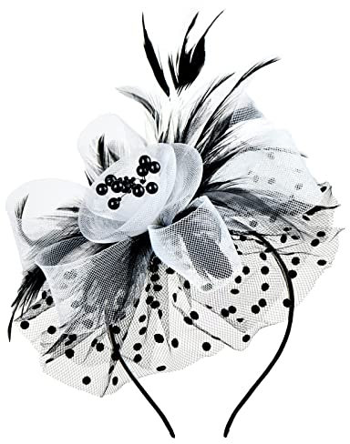 Fascinator Hat Stirnband Hut Schwarze Kirche Top Hut Tea Party Ladies Hut Kopfbedeckung Eleganter Kopfschmuck, Damen Fascinator Hut mit Federn Schleier Stirnband Clip Damen (1-White, One Size)