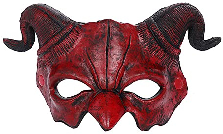 FakeFace Masque Démon à Cornes de Chèvre Rouges Demi-Masque Diable en Mousse PU Masque de Démon Effrayant Unisexe Accessoires de Costume pour Cosplay, Carnaval, Fête d'Halloween
