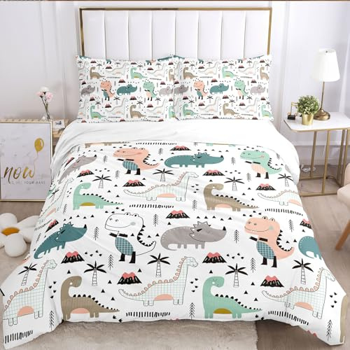 JLCZBT Ropa de cama infantil Dinosaurios 135x200 cm, funda nórdica de animales de dibujos animados Dino, juego de ropa de cama de dinosaurios lindo para niños adolescentes con funda de almohada (A-3