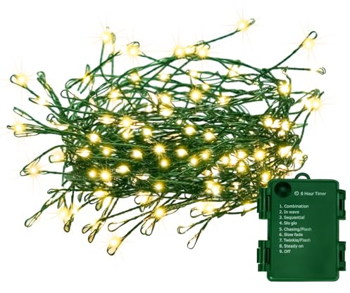 FairyGlim Battery Operated Christmas Lights, 10FT 100 Micro LEDs Fairy Lights with 8 Modes and Timer, Green Copper Wire for Indoor Outdoor Christmas Tree Wreath Garland Garden Party,Warm White