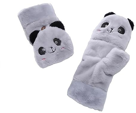 SJTJSPX Gants sans doigts pour femme avec rabat - Gants d'hiver chauds - Motif panda - Mitaines en peluche - Pour vélo, ski, école, travail