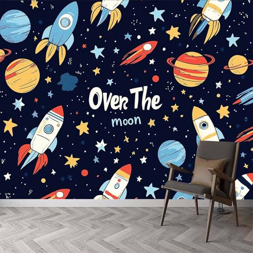 Fototapeten Cartoon Stil Weltraumrakete Wandtapete B200 x H140 cm, Cartoon Weltraum Vliestapete Wandbilder Tapete 3D Effekt für Wohnzimmer Schlafzimmer Kinderzimmer Wanddekoration Kindertapete