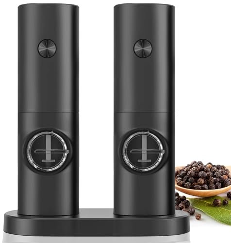 2Pcs Electric Salt and Pepper Grinder Set with Base, Battery Powered with Adjustable 5 Levels of Coarseness Salt and Pepper Grinder Mill(Black)