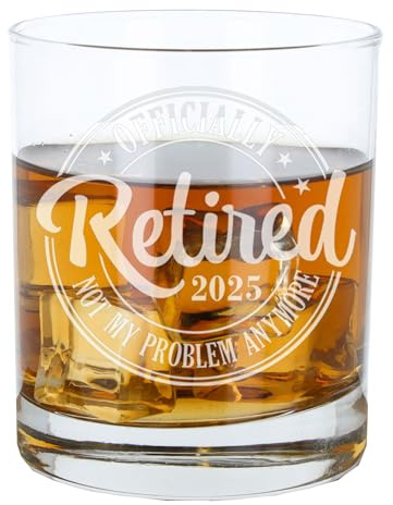 Vaso de whisky con grabado oficial de jubilación 2025, regalo de jubilación, regalo de jubilación, regalo para mujeres u hombres, vaso de whisky grabado con texto en inglés Not My Problem Anymor