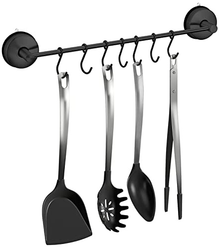 Poywaze Suction Cup Utensil Holder with 7 Hooks, SUS 304 Stainless Steel Kitchen Tool Rail 43cm Never Rusts, No Drilling Removable and Reusable Bathroom Hooks Black