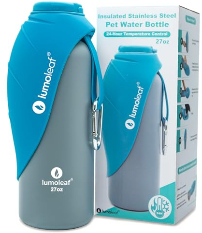 LumoLeaf Isolierte Edelstahl-Wasserflasche für Hunde, 800 ml – Hält Wasser stundenlang kühl oder warm, Langlebig & Tragbar für Reisen, Breite Öffnung für Einfaches Befüllen & Reinigen (Bleu, 800 ml)