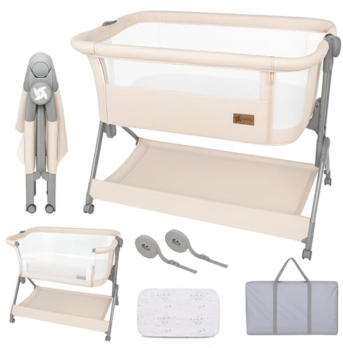 Twinly Comfortly - Cuna Colecho Bebé y Moisés 2 en 1 con Ruedas | Minicuna de Viaje Plegable, Sin Montaje, Altura Ajustable y Función Antireflujo | Incluye Colchón, Sábana Algodón y Bolsa (Beige)