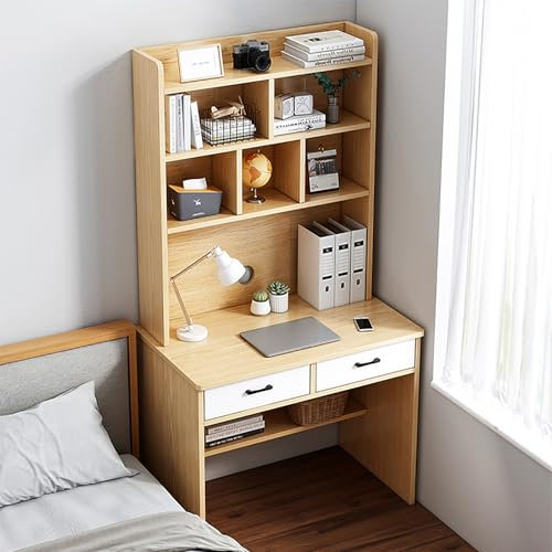 MESCXTY Computertisch aus Massivholz mit Aufsatz und Bücherregal,Schreibtisch-Arbeitsplatz mit Schubladen,perfekt für Home-Office oder Schlafzimmer(80x50x180cm, Wood)