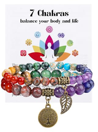 JOVIVI Vintage Bracciali Impilabili con Perline in Pietre e Cristalli per Donna Ragazza Set Bracciali Elastici Perline Pietre Naturali Ciondolo Albero della Vita Foglia Retro Chakra Bracciali 7 Chakra