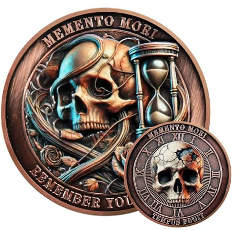 Memento Mori Münze, Uhr Totenkopf Stoische Münze, Bronze Totenkopf Stoicism Medaillon, Täglicher Erinnerungs-Taler, Stoische Geschenke für Männer und Frauen, Geeignet für die tägliche Stoische