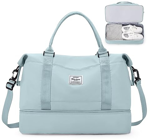Groß Reisetasche Damen Handgepäck Tasche Sporttasche Weekender Bag Schwimmtasche Wasserdicht Travel Bag Duffle Bag Fitnesstasche Trainingstasche Krankenhaustasche mit Schuhfach,N5-Hellblau