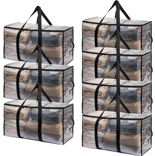 Rehomy Paquete de 7 bolsas de almacenamiento transparentes grandes, bolsas de transporte resistentes de 95 litros con bolsillo para etiquetas, bolsas de almacenamiento con cremallera y asas dobles