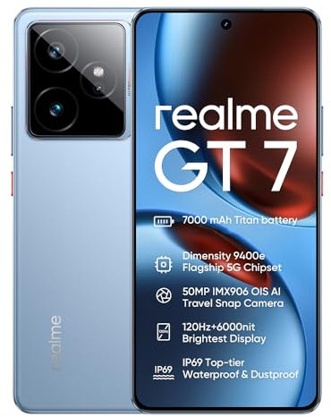 realme GT 7 5G Smartphone,Batería 7000mAh,Dimensity 9400‌e,50 MP+50 MP,120Hz 6.78 Pantalla,12GB+256GB Telefono Movil,Dual SIM Android 15,NFC IP69, Sin Cargador,Azul