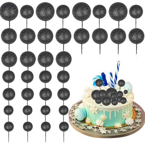 DazzJoy 20 Stück Tortendeko Kugeln Schwarz,Glitzer Torten Deko Kugeln,Cake Topper Mini Ballons,Kuchen Deko Schwarz,Tortenaufsatz Kugel für Hochzeit Geburtstag Babyparty