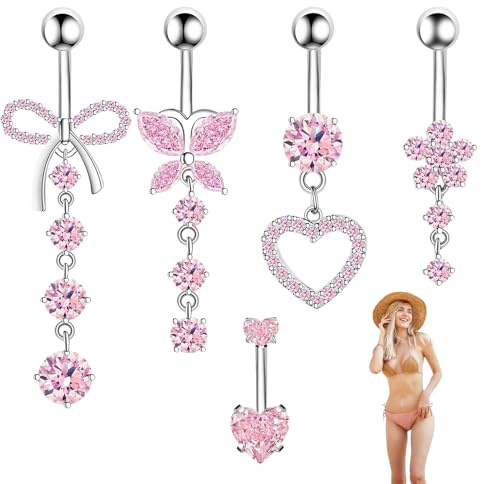 Lot de 5 piercings de nombril en acier chirurgical - Faux piercing de nombril - Bijoux pour femme - Pendentif papillon, cœur, fleur