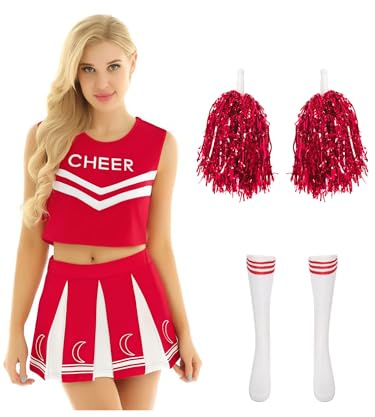 YiZYiF Damen Kostüm Cheerleading Uniform Ärmellos Top Rock Strümpfe Mit Pompons High School Musical Kostüm Rot L
