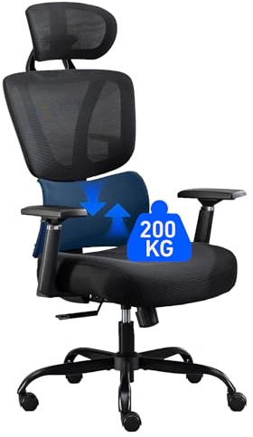 BRTHORY Bürostuhl Ergonomischer 200KG Schreibtischstuhl Verstellbare Lendenwirbelstütze/3D-Armlehnen/Kopfstütz/Wippfunktion Höhenverstellbarer Schreibtischstuhl, Schwarz