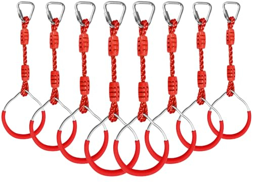 Backyard Ninja Ring Hang Gymnastik Faustschaukel Affe Bar Spielplatzgerät Kletteraufsatz Spielplatz-Spielset, 8 rote Hinderniskurse Fit Ringe Dschungel Gym Slackline Warrior Trainingsgeräte