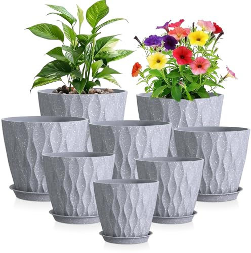 WSMKSZ 8 Pack Plant Pots Indoor Outdoor, 20 to 10cm Plastic Flower Pots Set | Decorative Planter Pots with Saucers & Drainage Holes, 3D Modern Wave Texture, Various Sizes, Grey With White Speckles
