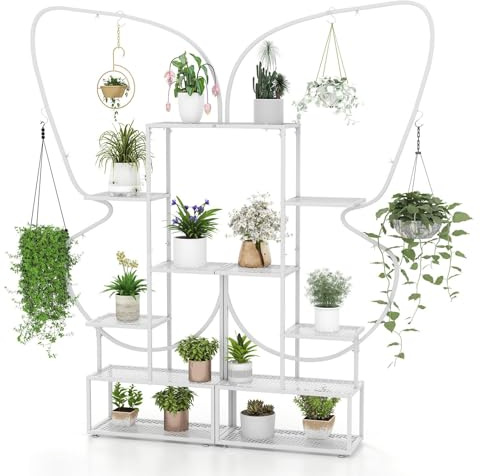 TANGZON 6 Tier Metal Plant Stand, 2 Pack 185cm Tall Butterfly-Shaped Ladder Plant Shelf with Mesh Shelves, Hooks & Anti-tipping Kit, Flower Pot Display Rack for Home Living Room Garden Balcony (White)