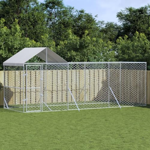 Hundezwinger Outdoor mit Wasserdichtes Dach, Hundehütte für mittelgroße bis große Hunde, Robust, langlebig, 600 x 200 x 250 cm Silbern Verzinkter Stahl