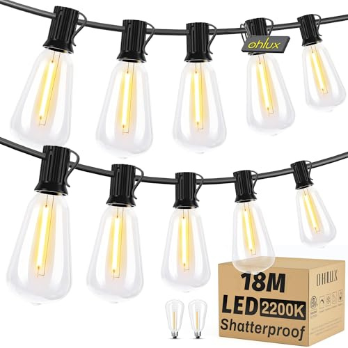18M Außen Lichterkette Outdoor Außen Festoon Lichter mit Stecker 32 ST38 Vintage LED EdisonBirnen 2200K Warmweiß IP65 Wasserdichte Verlängerbare Fairy Lights für Garten, Café, Terrasse, Pavillon