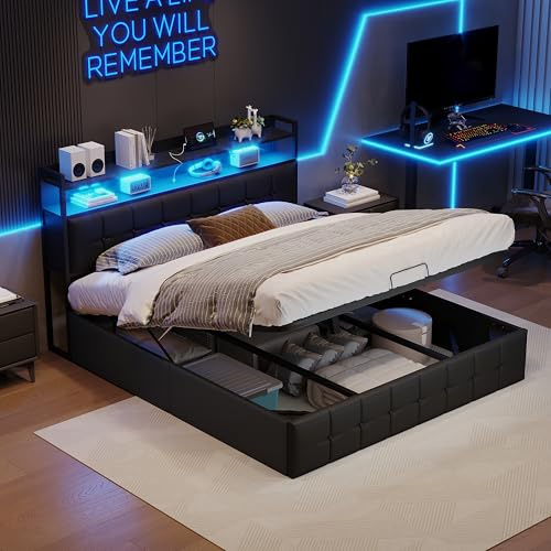 Yeutre Lit Coffre 160x200 avec LED et Ports USB, Lit Double Rembourré avec Rangement et Tete de Lits, Lits 2 Places avec sommier pour Adultes et Adolescents (sans Matelas) (Noir PU, 160 x 200 cm)