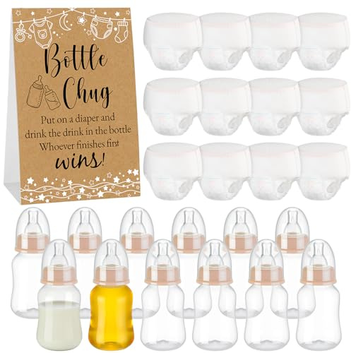 Widecook 12 Set Bottle Chug Baby Shower Games Favors Funny Diaper Change Game Including Plastic Baby Bottles Chug Disposable Diapers Themed Sign for Gender Reveal Party Supplies(Beige,Kraft)