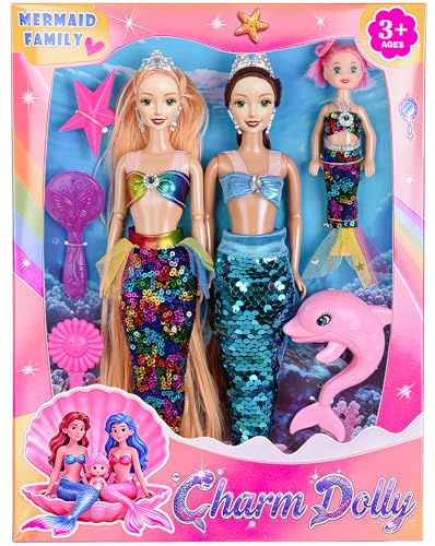 11,5 Mermaid-Puppe Meerjungfrauenpuppe mit Zubehör - 2 Prinzessinnenpuppen, 1 Kleinkind Puppe, 1 Delfin-Spielzeug, 1 Stern-Spielzeug, 2 Kämme - Sommer-Wasserpark-Spielgeschenk für Kinder ab 3 Jahren