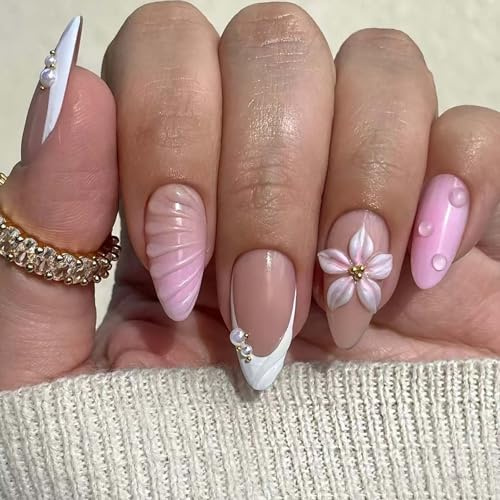 Short Almond Press On Nails with Glossy Pink White French Tip Design - 24Pcs Full Cover Gel Fake Nails Kit Featuring 3D Pearl Floral Embellishments for Women Daily Wear and Special Occasions