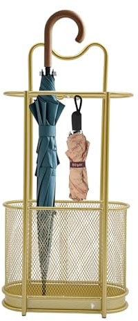 Schirmständer aus Metall mit Haken und Ablaufschale, 30x15x60cm (Golden) | Stahl Regenschirmständer mit 9kg Belastbarkeit, Freistehender Regenschirmhalter für Eingänge Balkone Büros Geschäfte