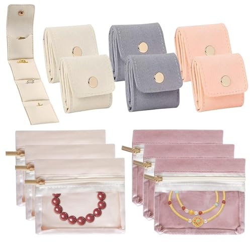 12 Pack Mini Travel Jewelry Bag Set | Travel Jewellery Pouch with Buckle,Multi-Compartment & Soft Lining,Portable Foldable Jewelry Organizer Case for Travel Essentials,Earrings,Rings,Necklaces