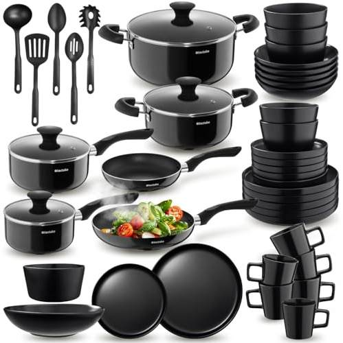 tectake®, Set cucina completo, 45 pezzi, set servizio piatti per 6 persone, per microonde, moderni, 6 ciotole, tazze, 18 piatti eleganti, 2 pentole, casseruole, padelle antiaderenti, coperchi - Nero