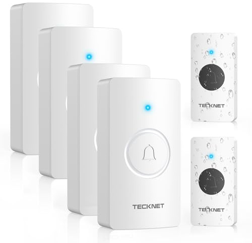 TECKNET Wireless Doorbell Battery with 2 Push Buttons & 4 Receivers, 400M/1312 ft Long Range Door Chime Kit, IP67 Waterproof Door Bell, 4.5-Year Battery Life, 60 Chimes & 5-Level Volume, LED Flash