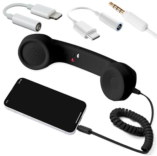 SnuggleTail Retro Phone Handset Wired Receiver with 3.5 mm Jack and Type-C and Lightning Adapter, Vintage Telephone Style Handset with Microphone & Answer Button for Smartphones, Tablets & Computers