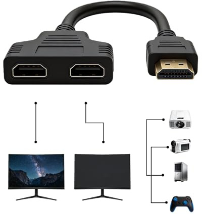 Adaptador HDMI Splitter 1 Entrada 2 Salidas, 1080p HDMI Macho a Doble Hembra Duplicador Divisor Cable para HDTV HD LED Monitor LCD y Proyectores Soporte 4K Cable Dorado 24K