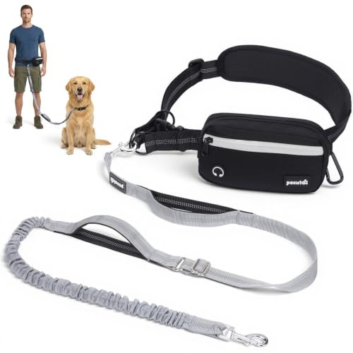 Pecute Gratis hundkoppel med midjeväska, canicross bälte för löpning och promenader, stötdämpare säkerhetssele med reflekterande handtag för hundar 15-55 kg