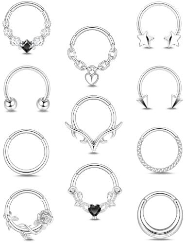 VELORICHE 11pcs Septum Rings for Women Surgical Steel Nose Rings Hoops Septum Clicker Daith Piercing Jewelry CZ Horseshoe Nose Lip Ring For Women Men (silvery)