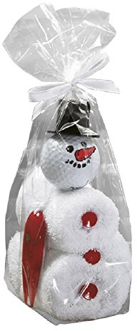 Golfgåva golfboll snögubbe med vit golfhandduk, röd pitchgabel och röd tee