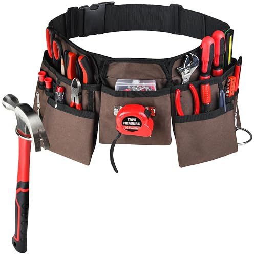 19 Pocket Brown and Black Heavy Duty Construction Tool Belt, Work Apron, Tool Pouch, with Poly Web Belt Quick Release Buckle - Adjusts from 33” Inches All the Way to 50” Inches