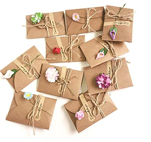 Rolin Roly 10 stück Grußkarte,Retro Kraftpapier Leere Umschläge mit Getrockneten Blumen,Handgemachtes Dankeskarten Umschläge Kleber Aufkleber für Abschlüsse Weihnachten Day Grüße