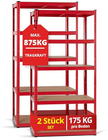 Stagecaptain Heavyrack HR-175 RD Juego de 2 estanterías metálicas - Estanteria Almacenaje de Cargas Pesadas de 875 kg MAX. - Estante Almacenamiento - 5 Baldas Multiusos - Rojo