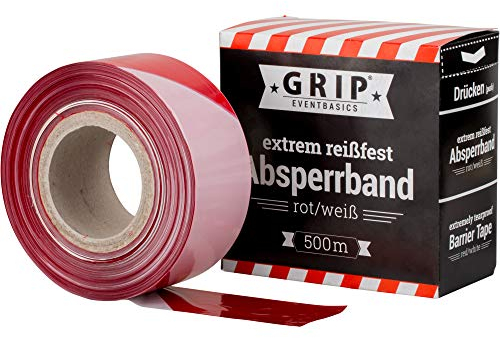 GRIP Eventbasics Absperrband rot weiß, 500 m x 70 mm, HDPE Flatterband extrem reißfest, nicht klebend, im praktischen Abrollkarton zur Absperrung und Markierung von Gefahrenbereichen